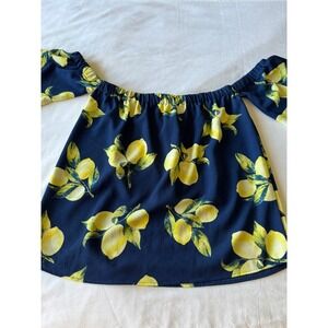 Sweet Wanderer Lemon Print Off The Shoulder Top M Boho Summer Beachy Chic Blue